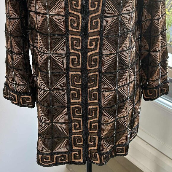 Hand-Beaded Black & Bronze Silk Geometric Jacket w/ Greek Key Borders – US XS/S - Picture 5 of 10